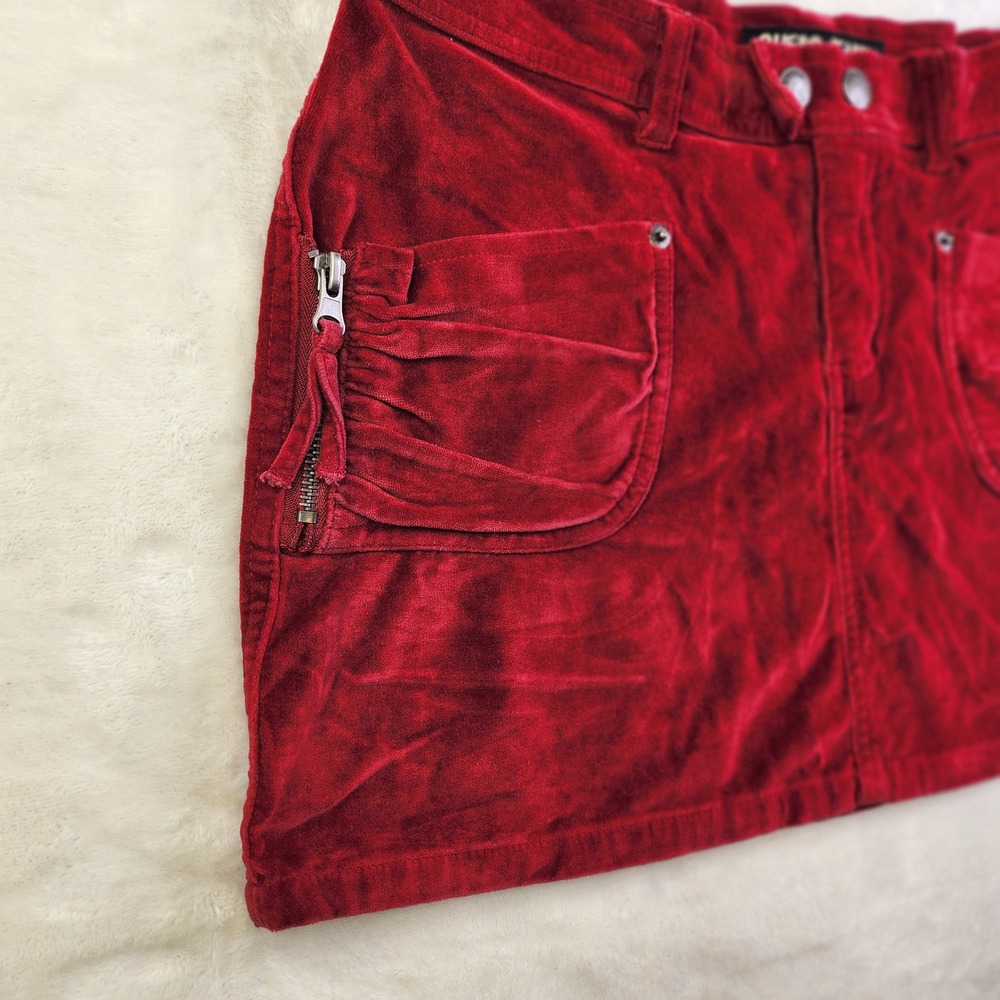 Vintage 90s Guess Velour Micro Mini Skirt Womens 27 Red Cargo Utility Whimsigoth - Picture 2 of 13